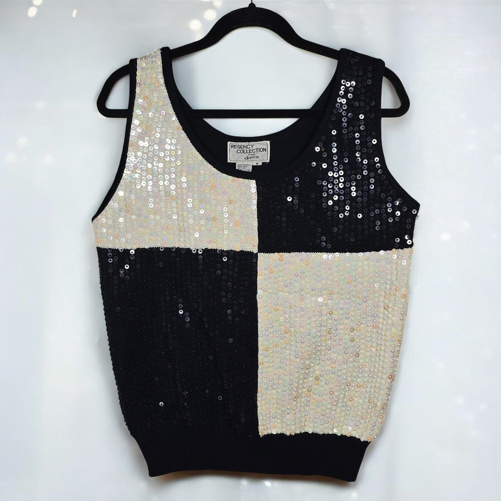 Regency Collection for Joyce Knit Tank‎ Top Woman Medium Black Cream Sequin VTG
